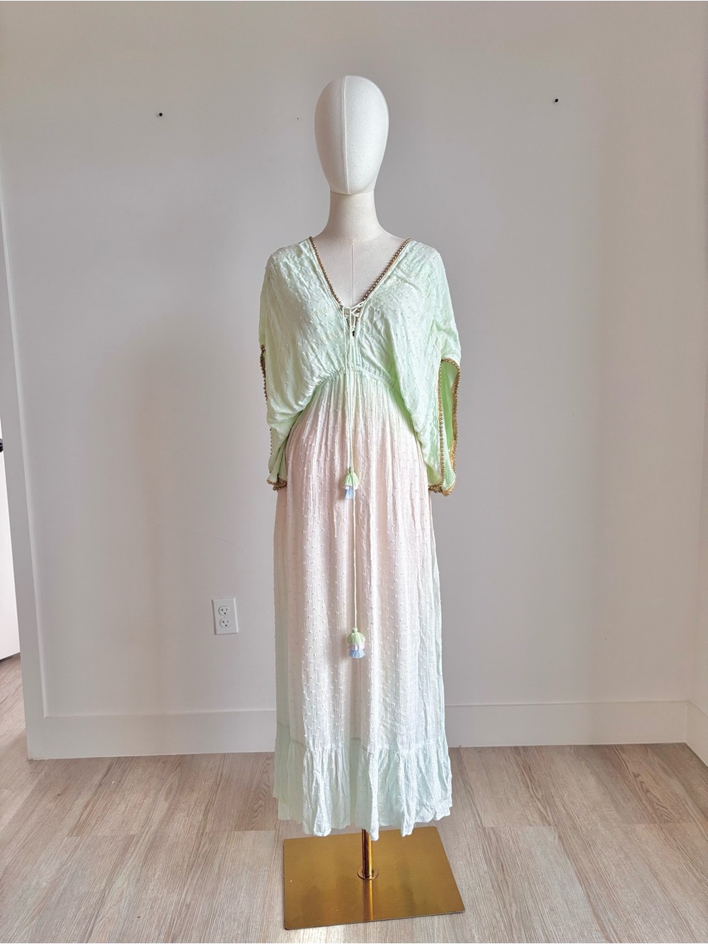 Drop Boutique Mint Green Pastel Ombré Gold Trim Kaftan Maxi Dress One Size